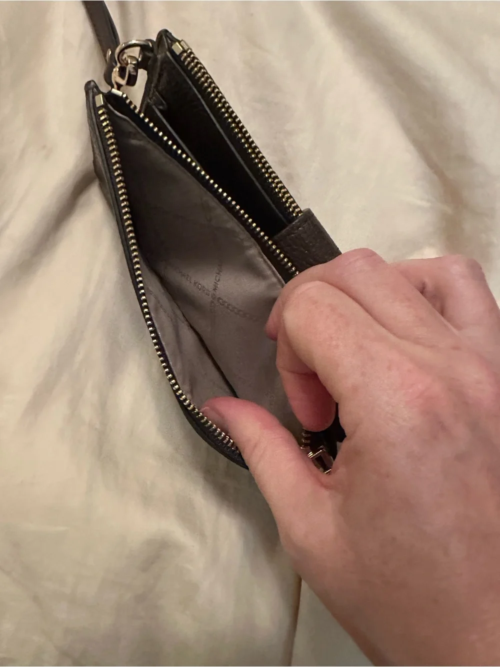 Michael Kors Dark Brown Pebbled Leather Wristlet with Gold Hardware